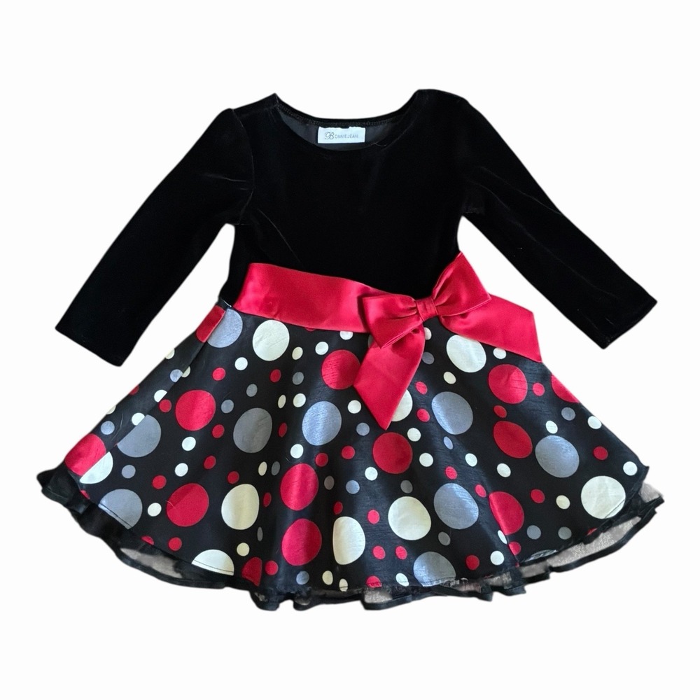 2T Girls Christmas Dress Long Sleeve Velvet Holiday Party Polka Dot Red Black 2T